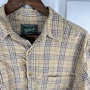 Woolrich Shirt Mens Large Beige Plaid Flannel Button Up Hiking Nova Check Casual